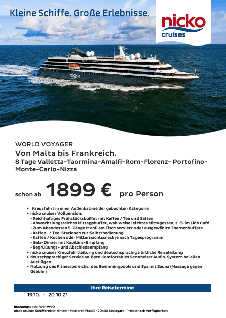 Nicko Cruises von Malta bis Frankreich. 8 Tage Kreuzfahrt Valletta-Taormina-Amalfi-Rom-Florenz- Portofino- Monte-Carlo-Nizza